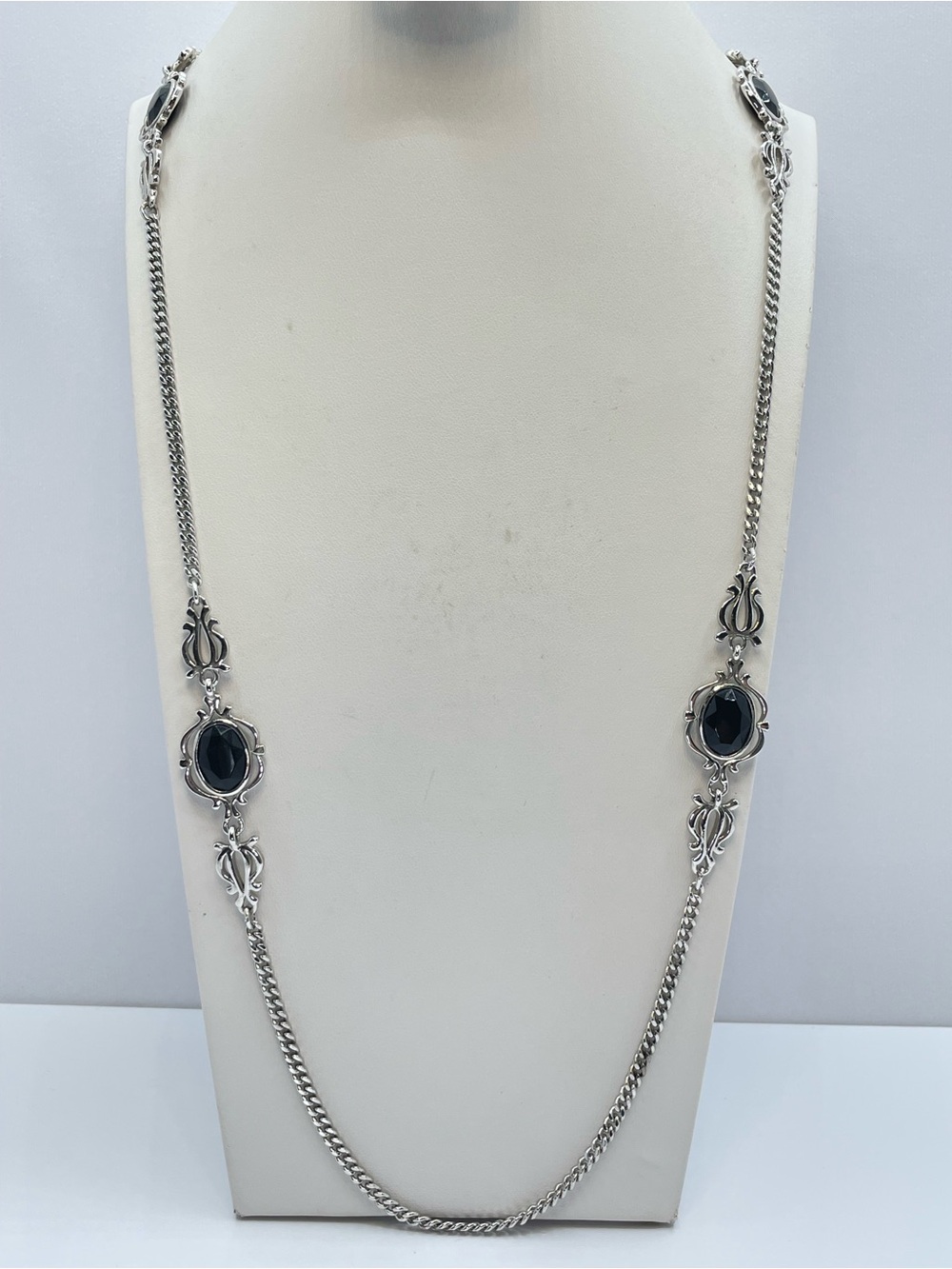 Vintage Sarah Coventry Black Glass Silver Long Statement Necklace Boho Glam